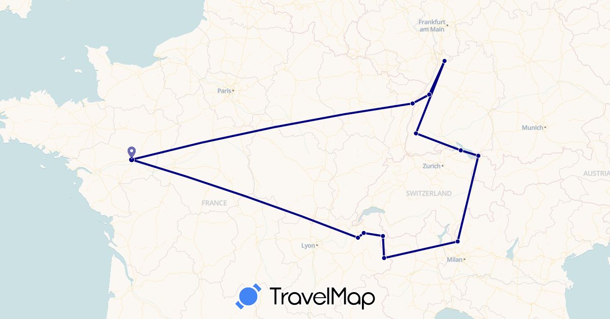 TravelMap itinerary: driving in Germany, France, Italy (Europe)